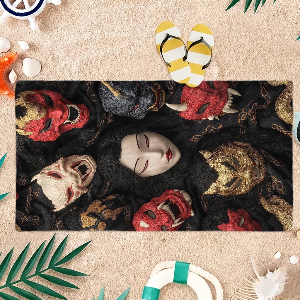 1Pc Japanese Oni Samurai Mask Beach Towel Quick-Drying Towel For Beach Pool Sport Yoga Gym Home Towel Gift For Friends Sand Free