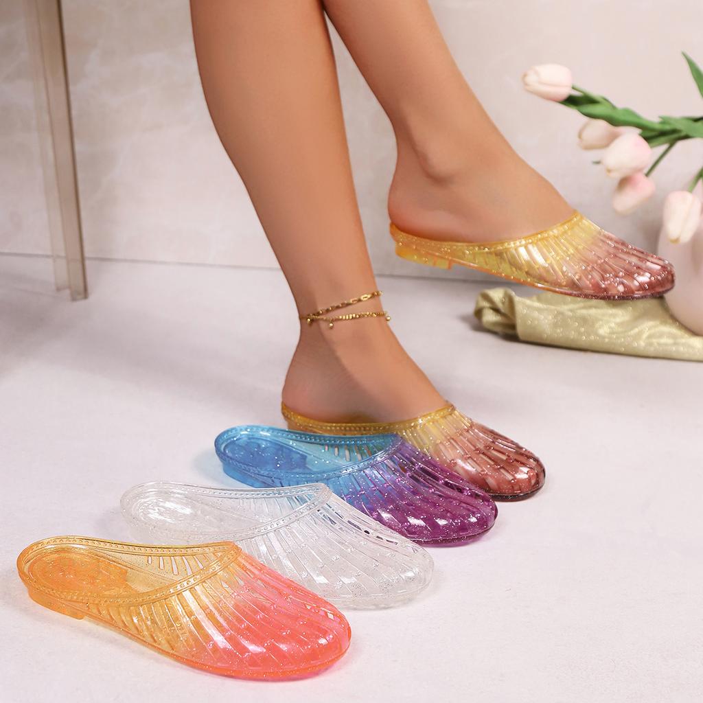Fashion Women Slippers 2025 New Summer Jellies Slippers Women Fashion Mesh Hollow Beach Shoes Ladies Flat Sandals Round Toe Slides Women