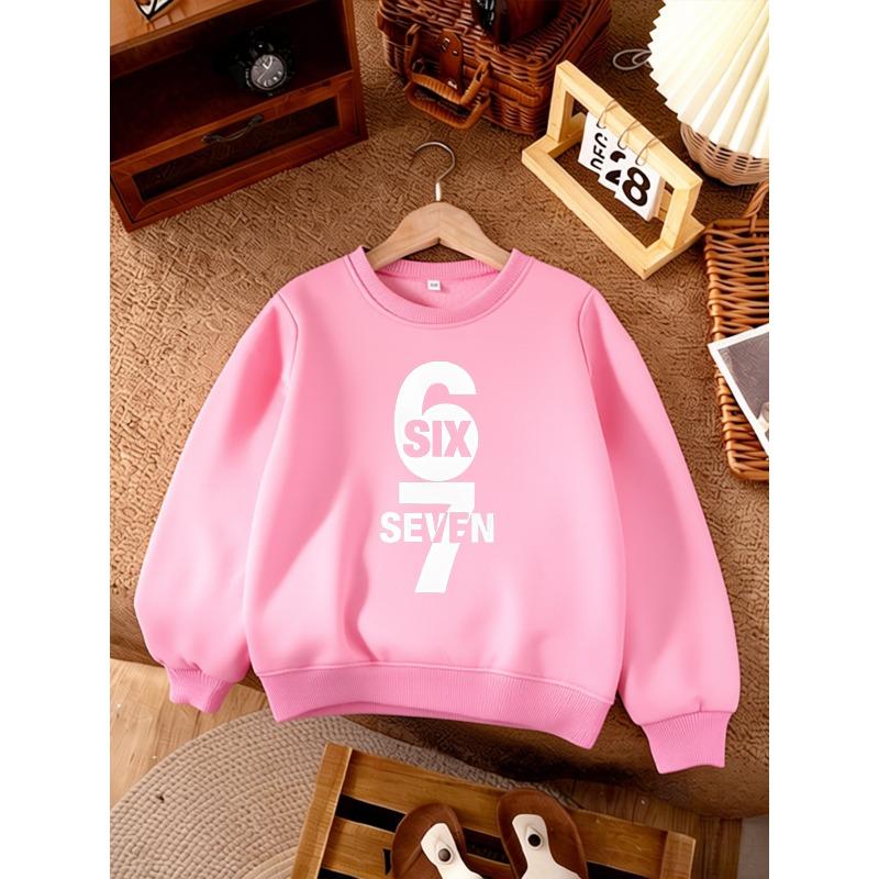 Unisex Kids Black Crewneck Sweatshirt For 4-12 Boys Girls Minimalist Vertical Stacked SIX SEVEN Number 67 White Text Print Fleece Long Sleeve Pullover