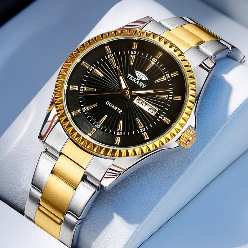 Herren Wasserdichte Doppelkalender Stahlarmband Quarz Armbanduhr Mode Business