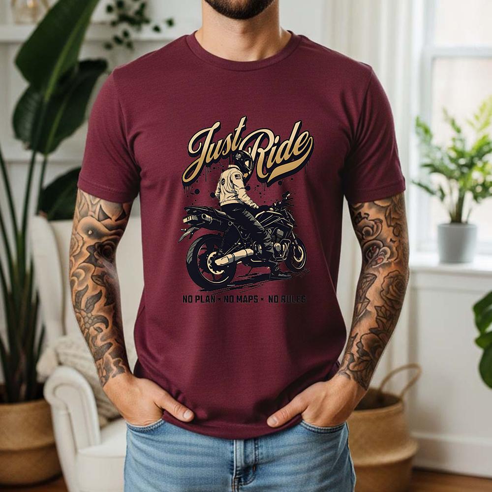 Summer Men's 100% Pure Cotton T-Shirt Just Ride No Plan No Rules Retro Biker Graphic Casual Sho