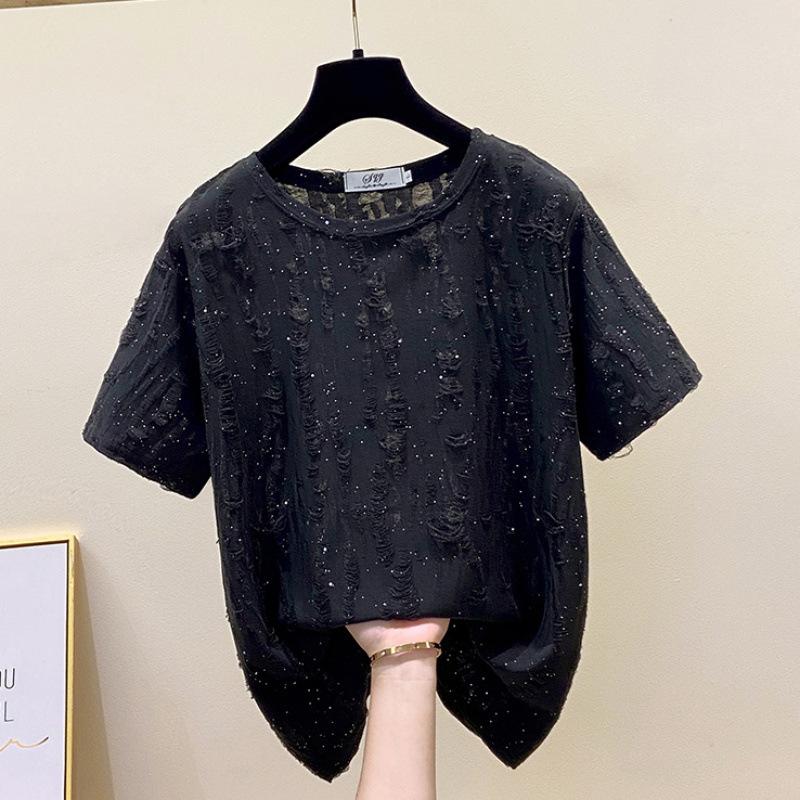 

Large Size Women s Summer Loose Slim Sequins Ripped Loose Short-sleeved T-shirt Fat Mm Half-sleeved Front Shoulder Top 4XL чорний