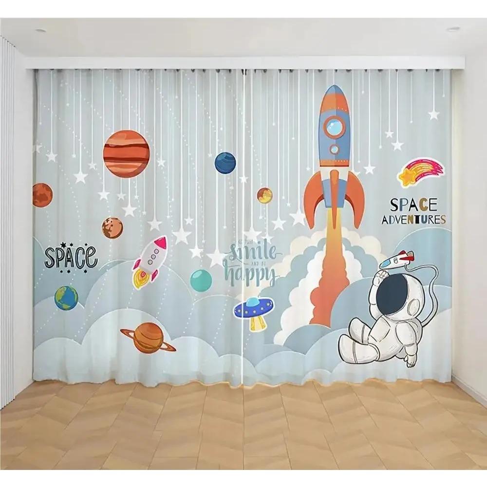

2 шт. дешевые мультяшные космические астронавты забавные шторы, мальчики дети ракета планета тонкие затеняющие шторы для спальни гостиной на заказ W60xH100(CM)x2pcs&Rod Pocket