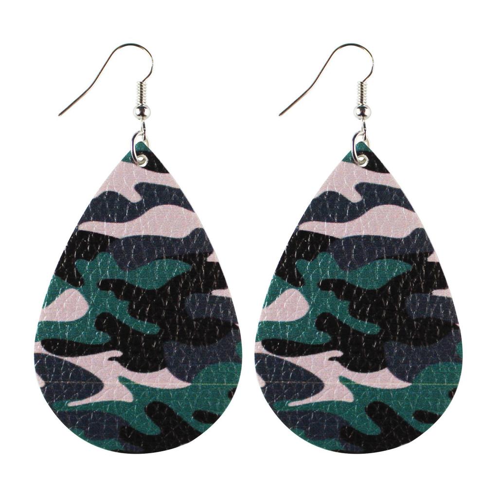 Army Green Camouflage Pu Leather Earrings Water Drop Shape Double-Sided Printing For