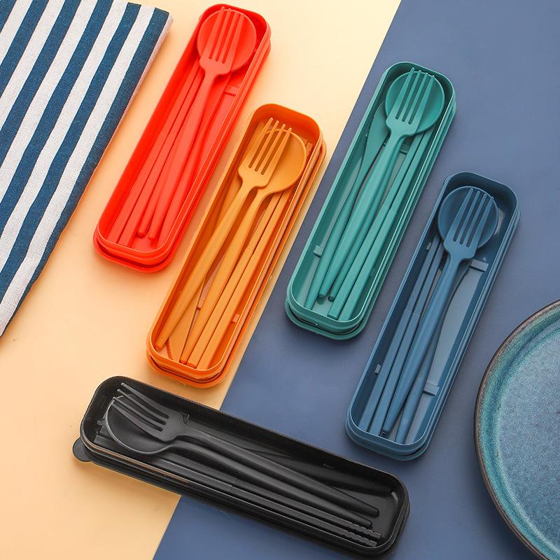 Portable Knife, Fork, Spoon and Chopstick Set for Outdoor Camping. Black Wheat Straw Tableware Set of Four Pieces.