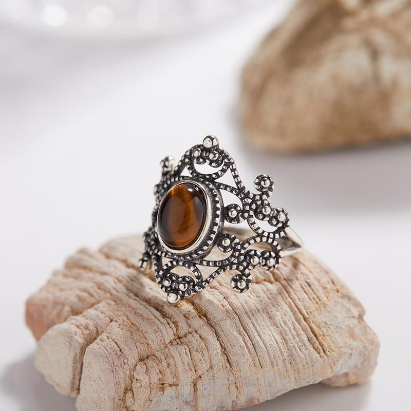 S925 Retro Thai Silver Natural Colored Treasure Ring, Personalized Hollow Lace Pattern Adjustable Open Index Finger Couple Ring