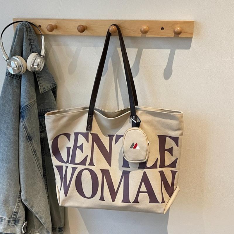 Women Stylish Canvas Shoulder Bag Large Capacity Letter Print Tote Handbag for College Students Travel Texture Commuting Bag
