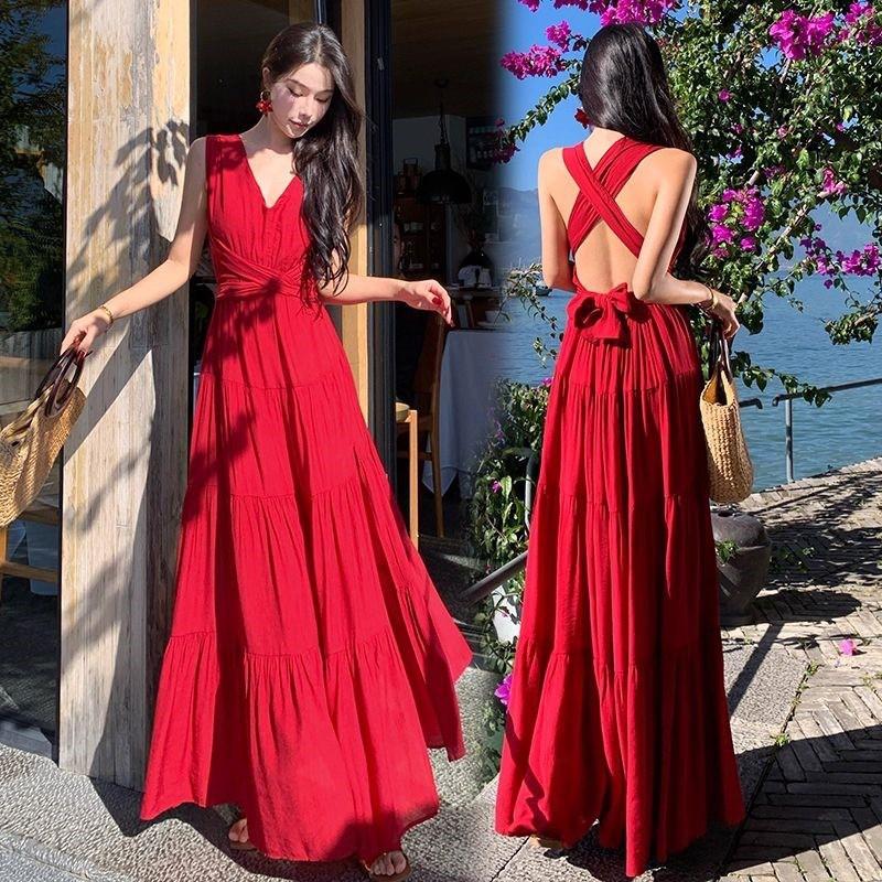 Seaside Desert Vacation Red Hanging Neck Dress Female Sanya Travel Wear Photo Sexy Backless Split Skirt