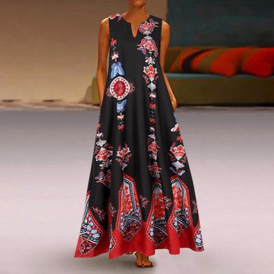 A Retro Printed Loose V-neck Sleeveless Pocket Summer Floor-length Dress