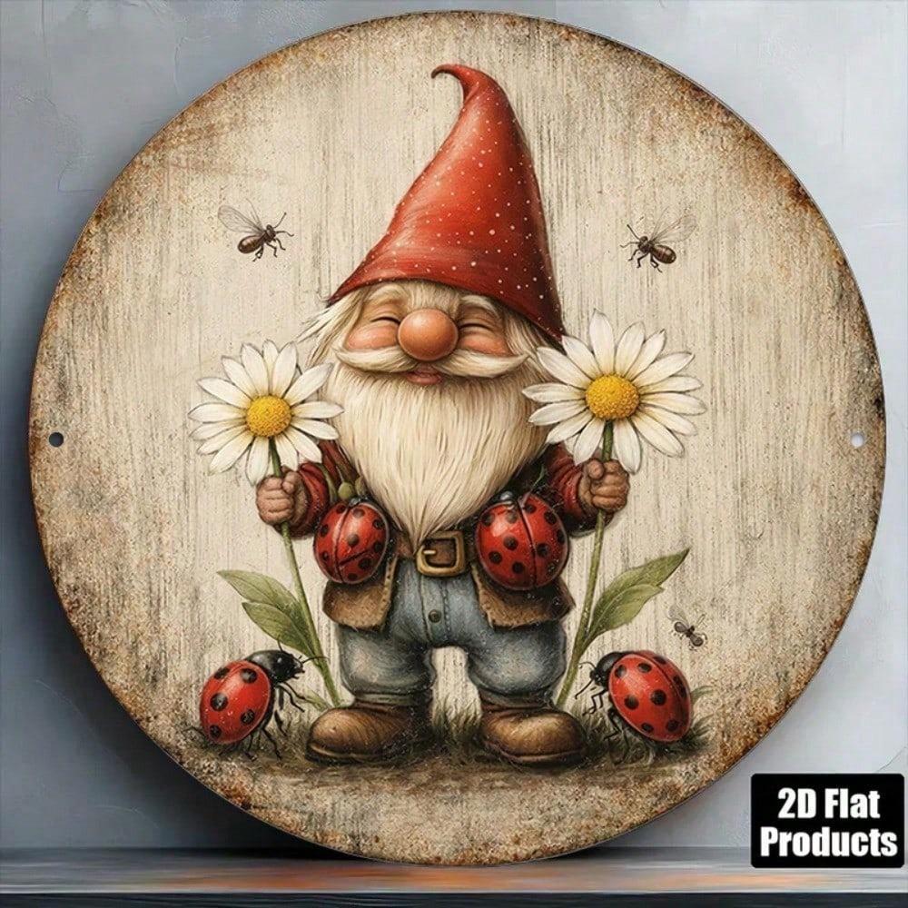 1pc 8x8in Retro Gnome Ladybug Garden Sign Round Metal Plaque Outdoor Porch Wall Decor Yard Patio Hanging Ornament