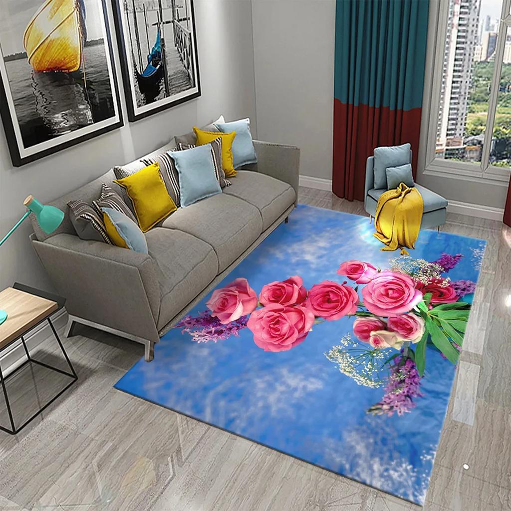 Colorful Rose Carpet Romantic Flower Mat Area Rugs Home Decor for Bathroom Entrance Non-Slip Floor Mat Living Room Bedroom Rugs