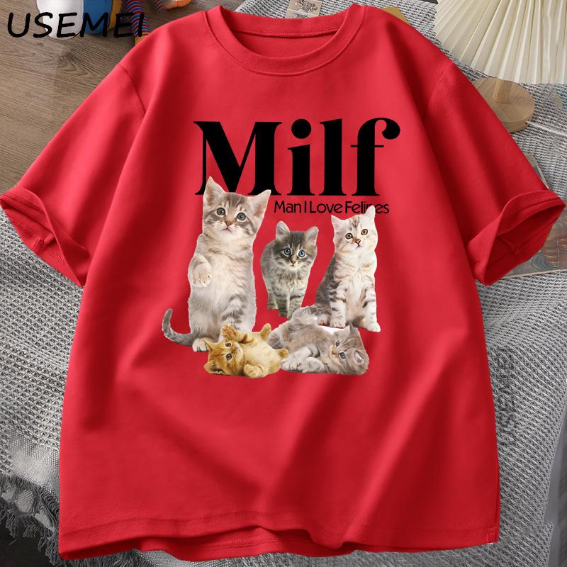 

MILF Унисекс Я Люблю Кошек Коттеджкор Кошки Футболка для Унисекс Женщин Любителя Кошек Футболка с Котенком Уличная Одежда Свободного Кроя XL