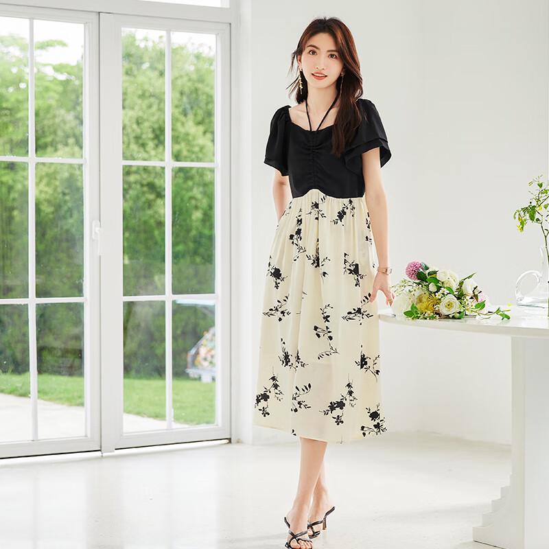 VICTORIA&VERA Floral Print Puff Sleeve Faux Two-Piece A-Line Mid-Length Dress