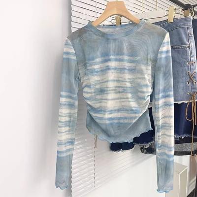 Thin Tie-Dye Regular Shoulder Crew Neck Waist-Cinched Long-Sleeve T-Shirt Women's Summer Mesh Ruched Versatile Slim-Fit Fitted Top