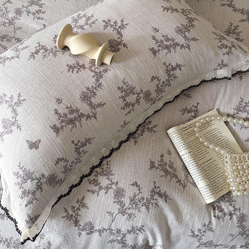 French Retro Jacquard Linen Bedding Set with Cotton Lace Trim - Luxury Princess Style