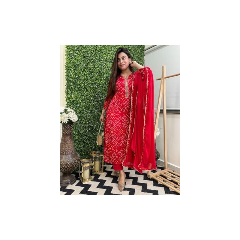 GoSriKi Women's Rayon Blend Bandhani Printed Straight Kurta with Pant & Dupatta (TURAE-RED-GS_L_Red_Large)