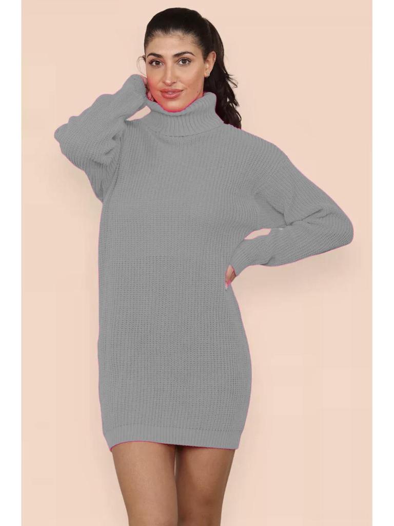 Women's Knitted Turn-Down Collar Sweater Dress - Loose Mid-Length Solid Color Pullover