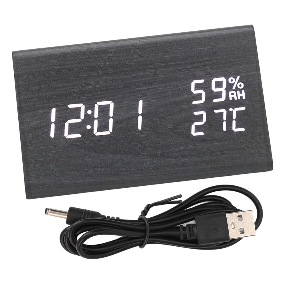 Wooden Digital Alarm Clock Triangular Voice Control Electronic LED Clock for Bedroom Office Black Wood White Letter