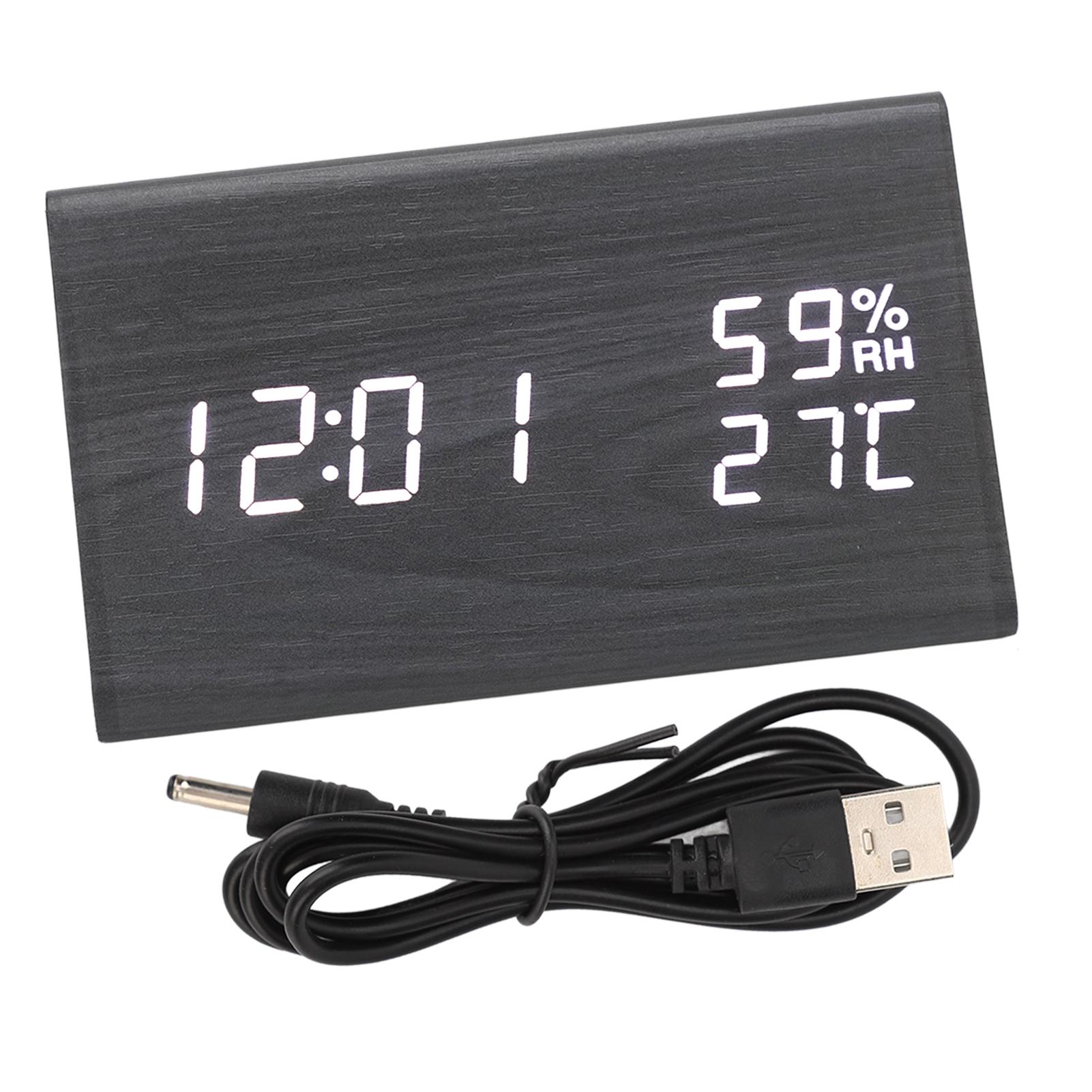 

Wooden Digital Alarm Clock Triangular Voice Control Electronic LED Clock for Bedroom Office Black Wood White Letter