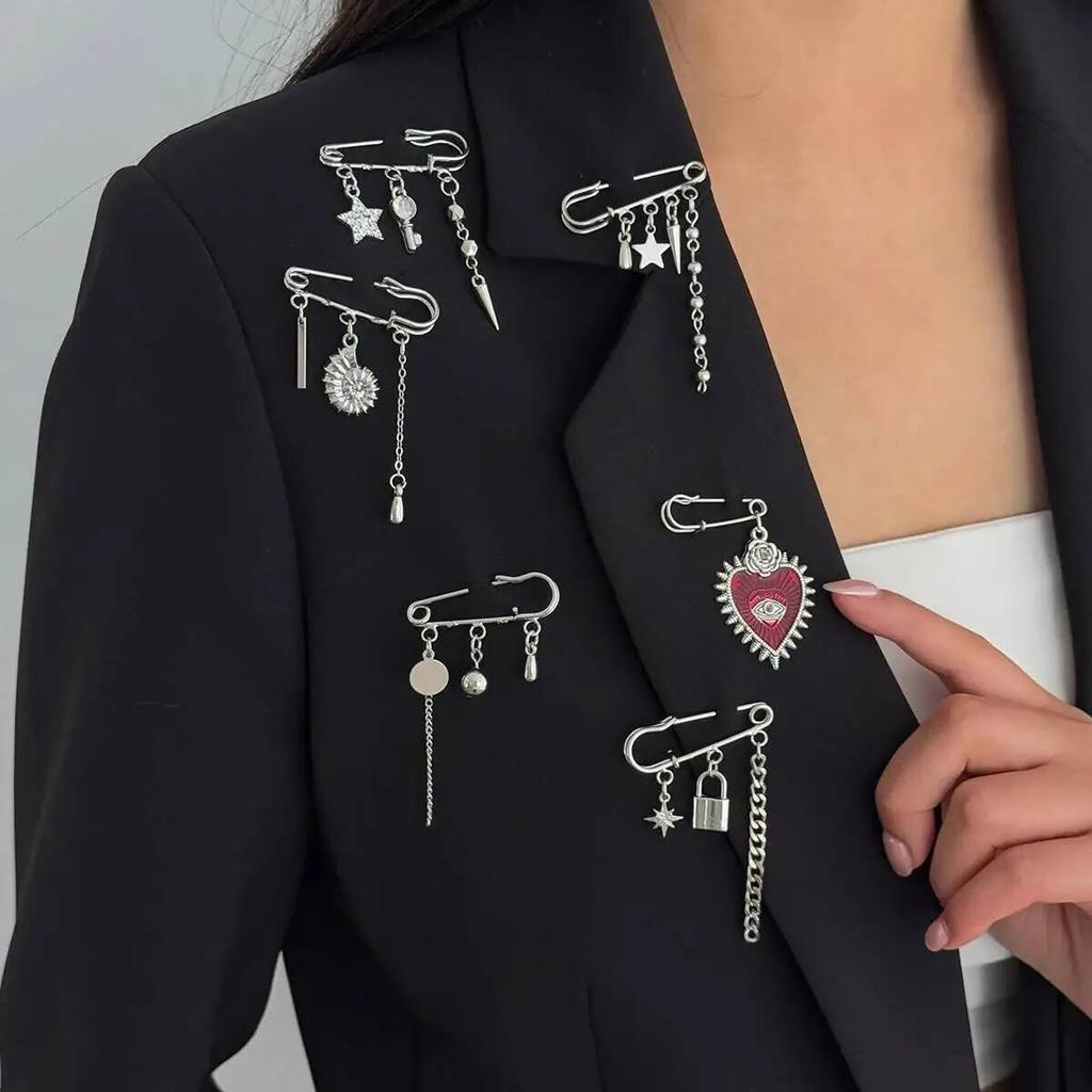 Ingemark 6Pcs/Set Vintage Punk Metal Tassel Brooch Women Men Creative Heart Star Conch Shape Pendant Suit Pants Pin Accessories