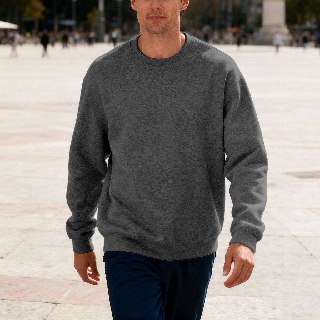 Neues Fleecegefüttertes Sweatshirt für Herren Frühling/Herbst Klassischer Rundhalsausschnitt Einfarbig Übergroß Lässige Passform Oberteil