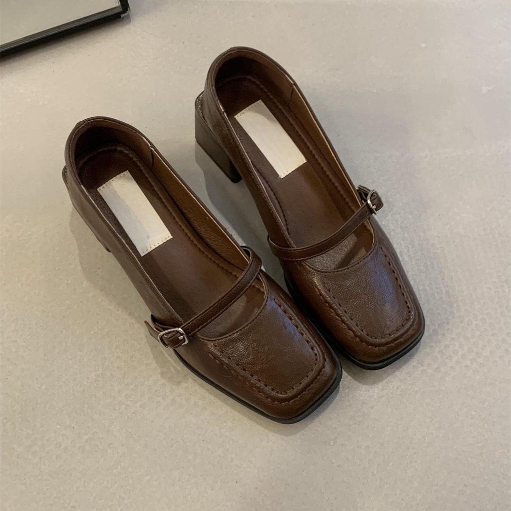 Retro Square Head High Heels, Shallow Mouth Single Shoes, Women's Spring and Autumn New French Temperament, Evening Breeze Thick Heel Leather Shoes