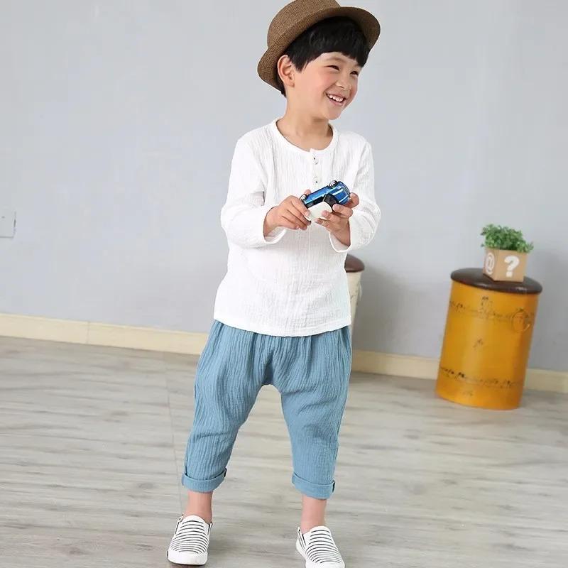 Summer Children Pants Casual Girls Boys Linen Solid Color Loose Pleated Pant Trousers Hight Waist Harem