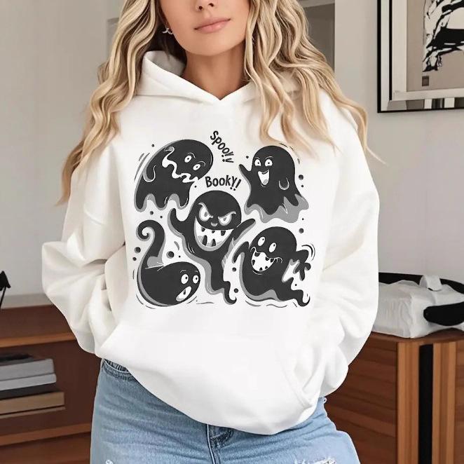 Ladies Spring Autumn Casual Sports Hooded Loose Long Sleeve Big Pocket Halloween Ghost Printed Pullover Hoodies Sweatshirt Top