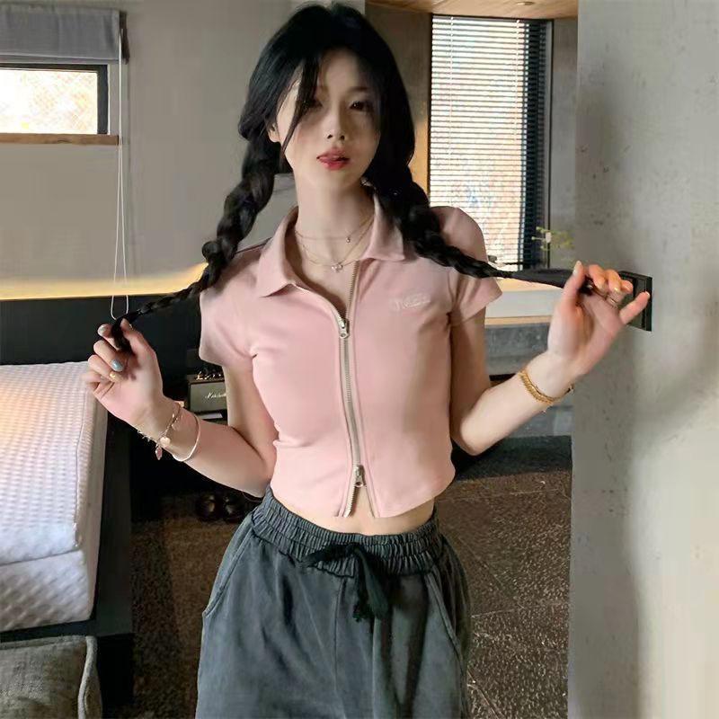 Women Zip Up Polo Cropped T-Shirt Short Sleeve Slim Y2K Crop Top Casual Streetwear Tee S-M-L-XL