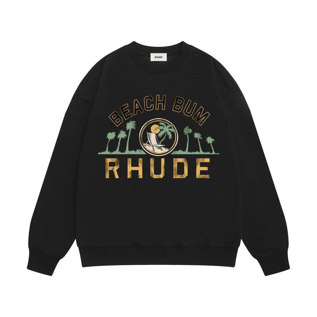New Men's RHUDE Letter Print Loose Terry Round Neck Hoodie