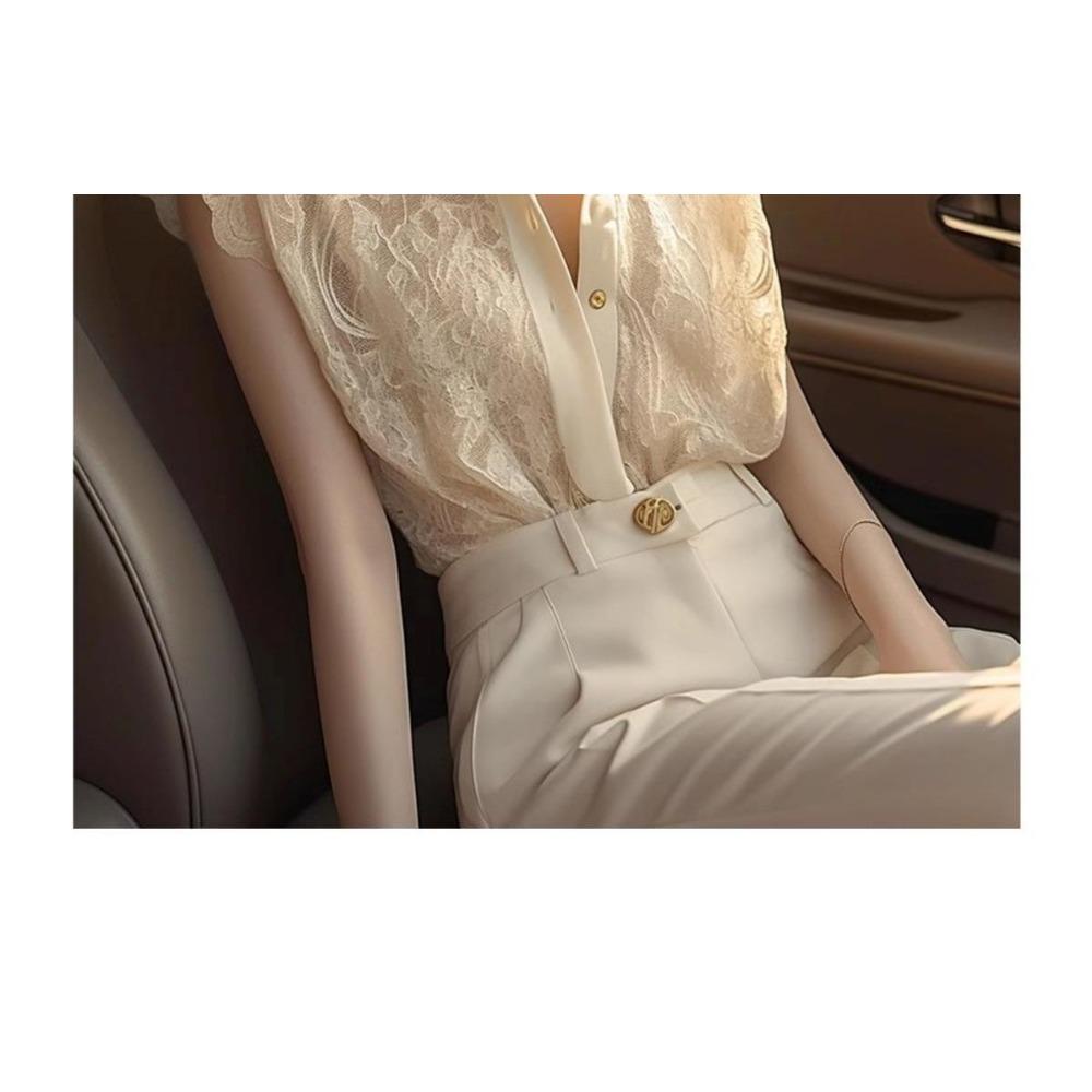 Small Flying Sleeve Lace Shirt for Women in Summer Chic Lapel Button Temperament Top