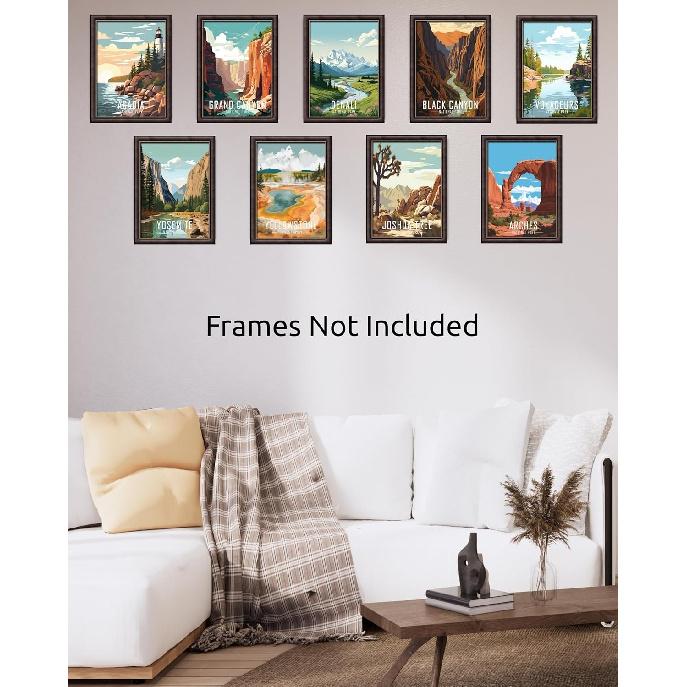 Nilem Design Retro National Park Posters Set of 9 – 8x10 Illustrated Wall Art Prints – Unframed Vintage-Style Nature Decor for Living Room,