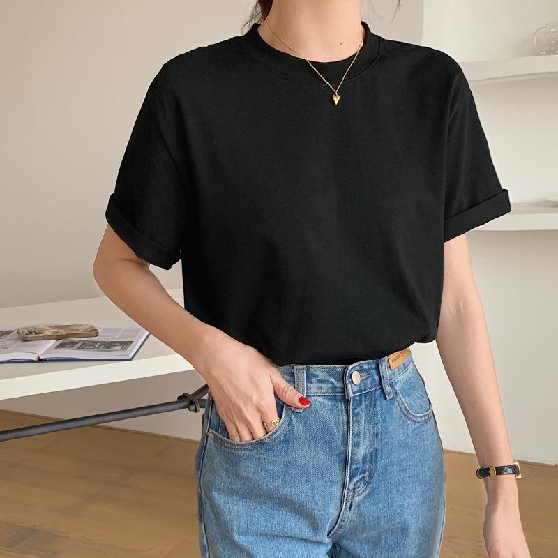 100% Cotton T-shirt for Women's Summer Short-sleeved New Round Neck Loose Slim Versatile Top Base Shirt