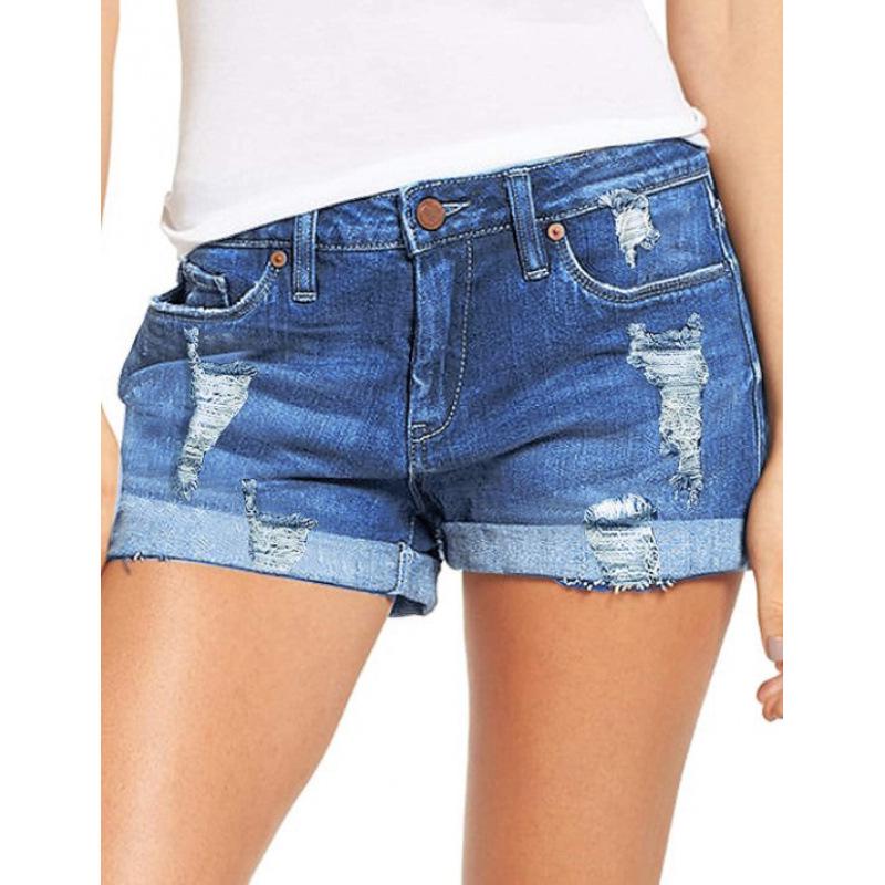 

6681# European Style High-Waisted Ripped Stretch Denim Shorts for Plus-Size Women XL синий
