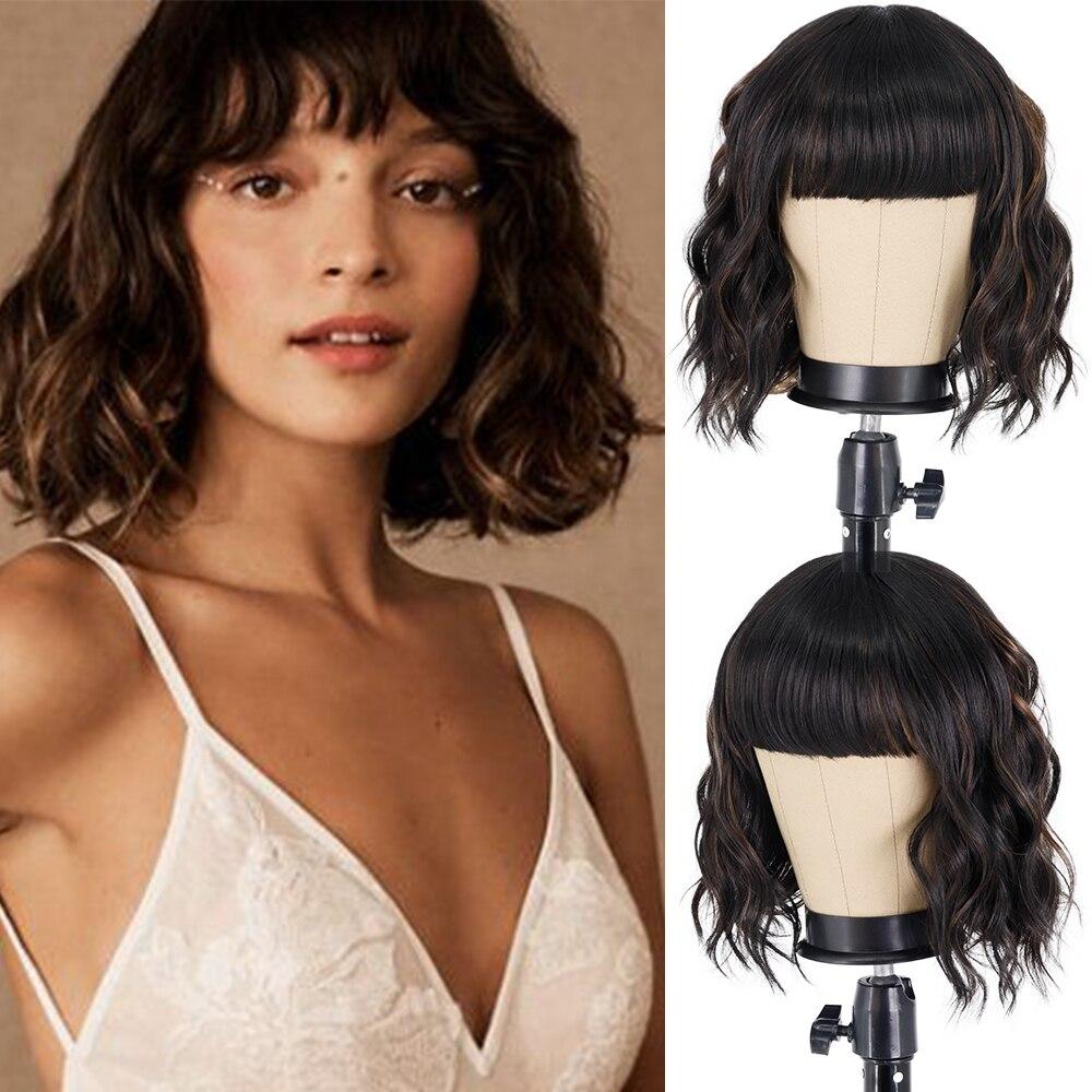 MISS WIG Women Fashion Short Wavy Wig with Bangs Synthetic Fiber Pure White Wavy Wig Cosplay Halloween Party Wear