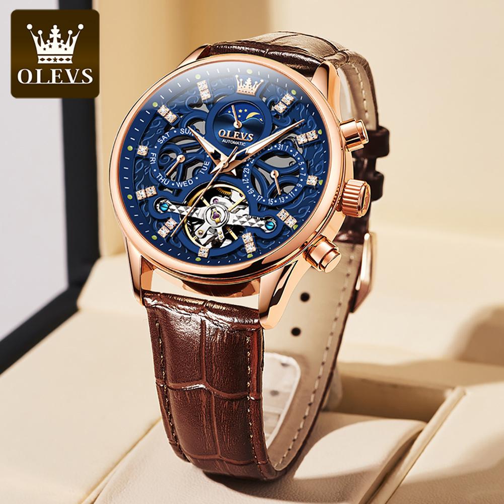 OLEVS 6658 Original Brand Automatic Watch for Men Hollow Out Noctiucent Skeleton Top Luxury Fashion Moon Phase Men's Wristwatch