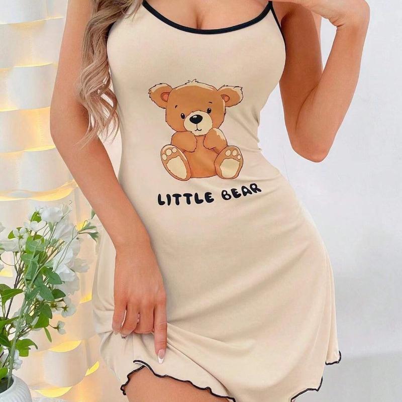 

Women Suspender Skirt Ladies Short Skirt Comfortable Pajamas Leisure Homewear Sexy Outside Letters Bear Printed One-Piece-Dress S бежевый