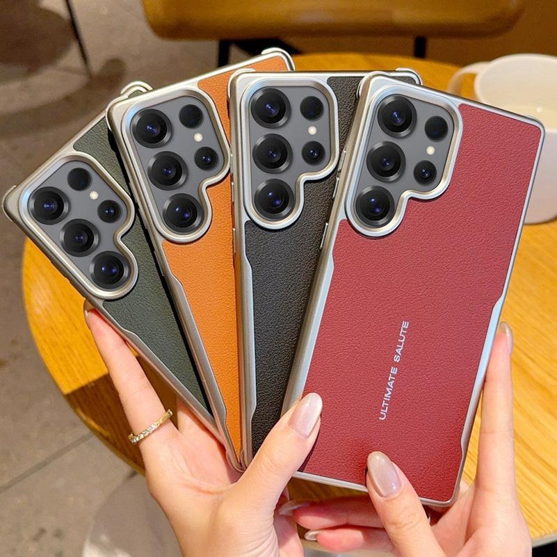 Plain Leather Magnetic Silver Bezel Lens To Heighten Case For Samsung S25 Ultra Galaxy S25 + S25 Camera Protection Cover