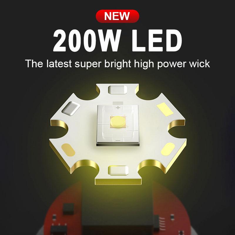 Powerful Flashlight 200W LED Torch High Lumen 1000000LM Lamp Dimmable Flash Light Waterproof Torch Light Rechargeable Lantern