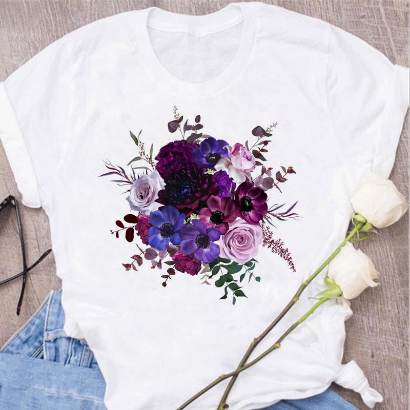 Women's Tops Fashion Flower Floral Print Lady T-shirt Casual Short Sleeve Aesthetic Clothes Shirt T-shirts Female Tops Tees