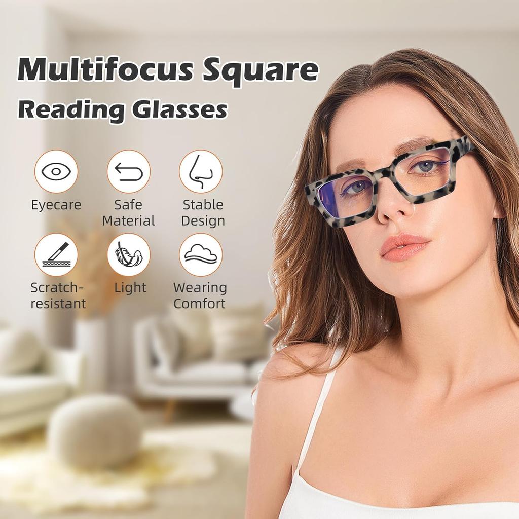 3 Pack Progressive Multifocal Reading Glasses for Women Retro Square Multifocus Readers Blue Light Computer Glasses