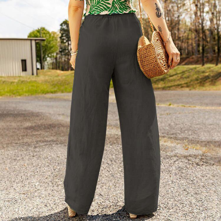 Women's Trousers Solid Color Casual Pocket Loose Elastic Waist Strap Cotton Linen Straight Trousers