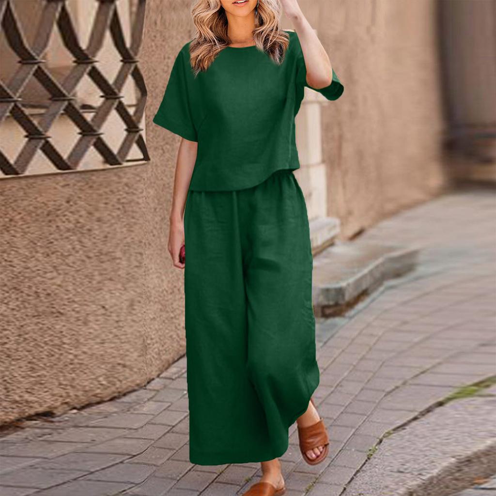 2026 New Loose Solid Color Short-sleeved Wide-leg Pants Set Women's Summer Casual Fashion Two-piece Set Cross-border Belly Cover
