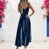 Women Plus Size Spaghetti Strap V Neck Sleeveless A Line Blue Black Printed Long Dress