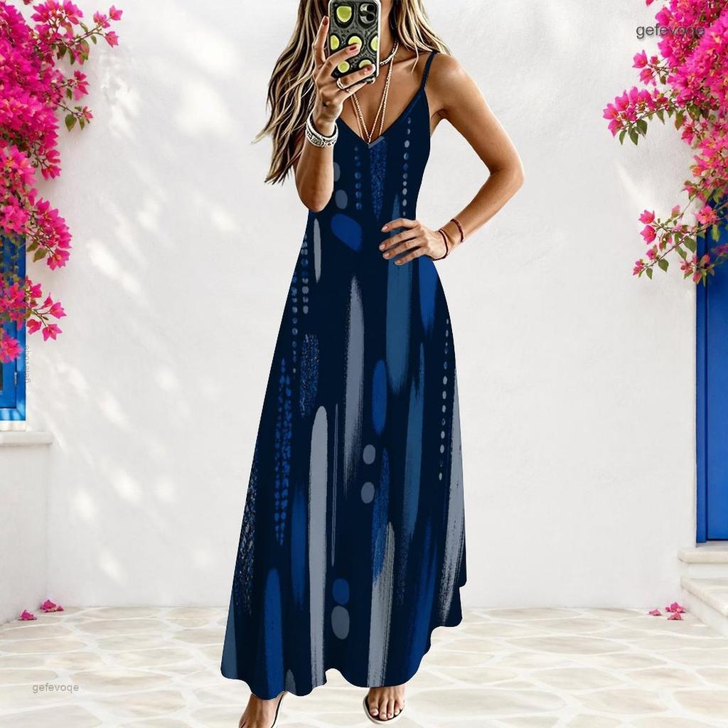 Women Plus Size Spaghetti Strap V Neck Sleeveless A Line Blue Black Printed Long Dress
