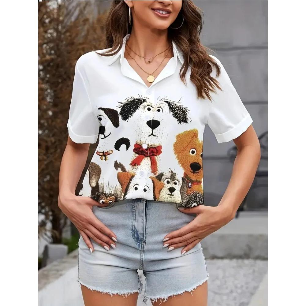 

Women Shirts Lapel Short Sleeve Abstract Cartoon Portrait Prints Blouses Fashion Casual Cute Cat Print Shirts Tops S
