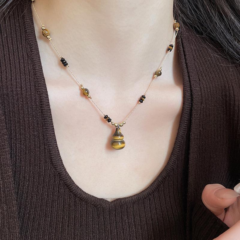 Autumn and Winter Retro Simple Tiger's Eye Stone Beaded Gourd Pendant Necklace Women's Sweater Chain Necklace