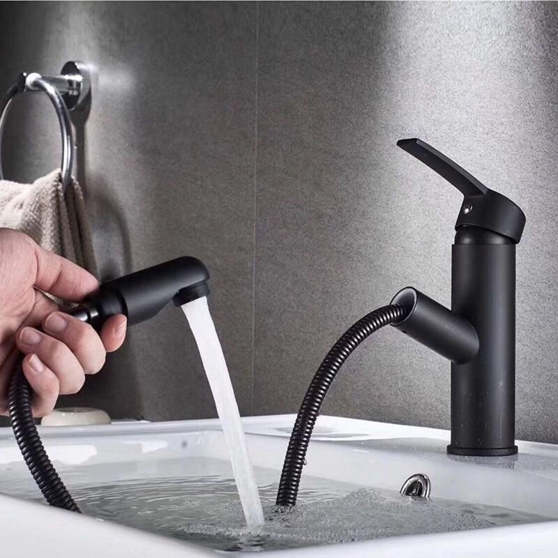 TLXT Black Pull-Out Wall-Mounted Basin Faucet