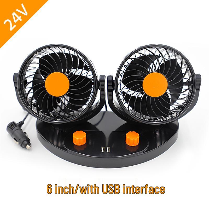 Silent Dual-Head Car Fan 12V/24V USB - Powerful Summer Cooling for Trucks