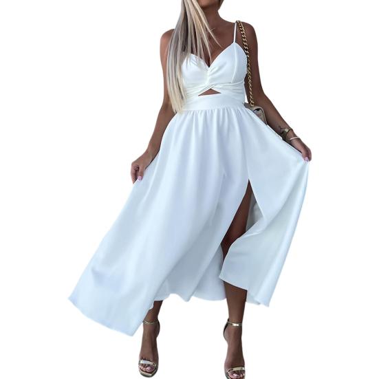 Damen-Urlaubskleid, tief ausgeschnitten, V-Ausschnitt, Spaghettiträger, ausgehöhlt, rückenfrei, ärmellos, seitlicher Schlitz, plissiert, einfarbig, Strandparty, Midikleid, Sommer